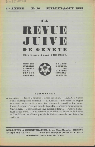 La Revue Juive de Genève. Vol. 1 n° 10 fasc. 10 (juillet-août 1933)